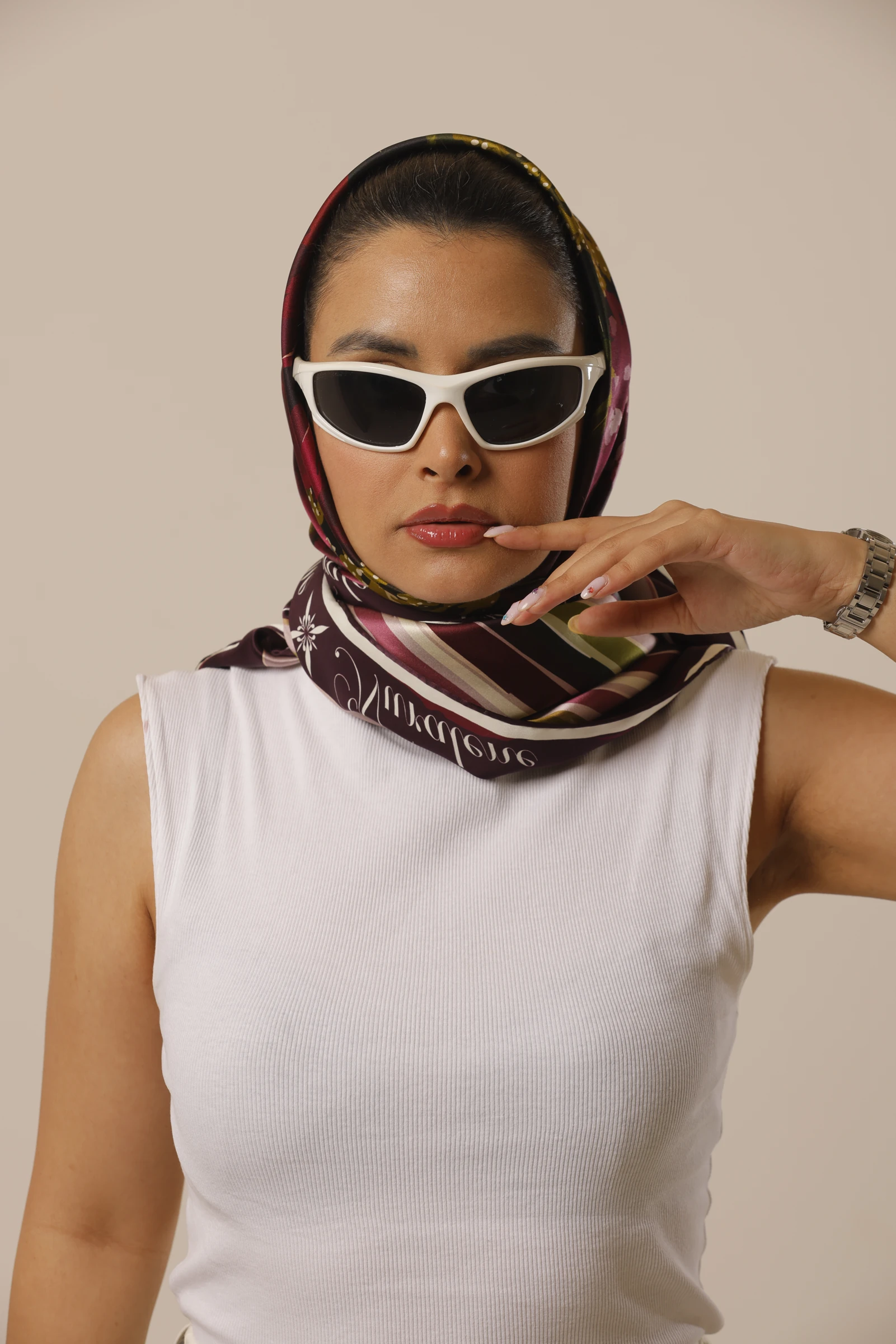 Evening Bloom silk scarf, front view with white sunglasses