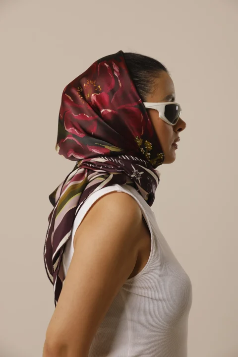 Evening Bloom silk scarf, right-facing profile with white sunglasses